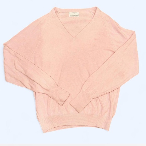 VINTAGE 80s Dior Soft Pink V-Neck Sweater - Picture 1 of 4